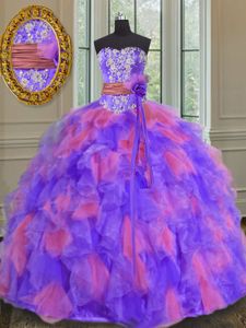 Multi-color Organza Lace Up Sweetheart Sleeveless Floor Length Ball Gown Prom Dress Beading and Appliques and Ruffles and Sashes|ribbons and Hand Made Flower