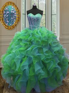 Scoop Floor Length Green Quinceanera Gown Organza Sleeveless Beading and Ruffles