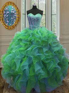Yellow Green Ball Gowns Scoop Sleeveless Organza Floor Length Lace Up Beading and Ruffles and Pick Ups Sweet 16 Dresses