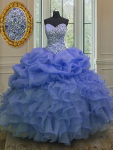 Glittering Pick Ups Ruffled Sweetheart Sleeveless Lace Up Sweet 16 Dress Blue Organza