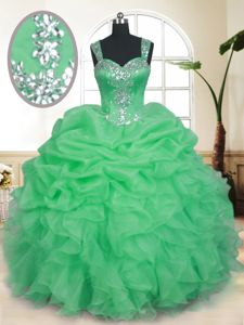 Sleeveless Floor Length Beading and Ruffles and Pick Ups Zipper Quince Ball Gowns with