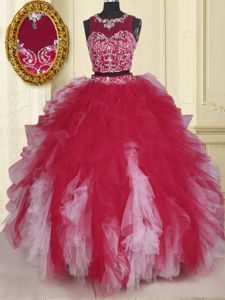 Scoop Sleeveless Zipper Sweet 16 Dresses White And Red Tulle