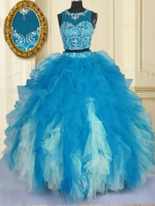Blue And White Tulle Zipper Scoop Sleeveless Floor Length 15 Quinceanera Dress Beading and Ruffles