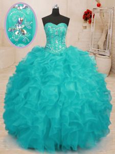 Organza Sweetheart Sleeveless Lace Up Beading and Ruffles 15th Birthday Dress in Aqua Blue