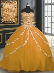 Gold Ball Gowns Tulle Sweetheart Sleeveless Beading and Appliques With Train Lace Up Quinceanera Gown Brush Train