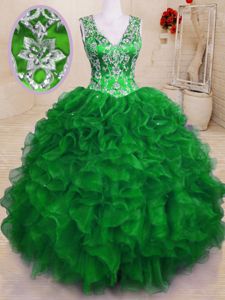 Green Ball Gowns V-neck Sleeveless Organza Floor Length Zipper Beading and Embroidery and Ruffles Ball Gown Prom Dress