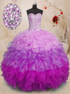 Beauteous Printed Sleeveless Brush Train Lace Up With Train Beading and Ruffles and Pattern Ball Gown Prom Dress