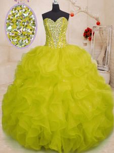Yellow Green Ball Gowns Organza Sweetheart Sleeveless Beading and Ruffles Floor Length Lace Up Vestidos de Quinceanera