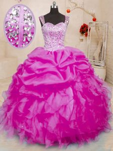 Affordable Fuchsia Quinceanera Gown Military Ball and Sweet 16 and Quinceanera and For with Beading and Ruffles and Pick Ups Straps Sleeveless Lace Up