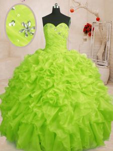 Pretty Sleeveless Floor Length Beading and Ruffles Lace Up Ball Gown Prom Dress with Yellow Green
