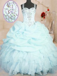 Lilac Ball Gowns Organza Straps Sleeveless Beading and Ruffles Floor Length Zipper Quinceanera Dress