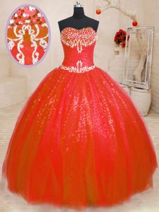 Exceptional Tulle and Sequined Sweetheart Sleeveless Lace Up Beading Quinceanera Gowns in Red