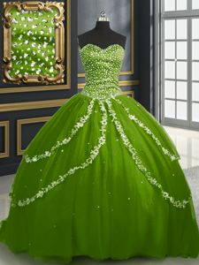 Olive Green Tulle Lace Up Sweetheart Sleeveless With Train Vestidos de Quinceanera Brush Train Beading and Appliques