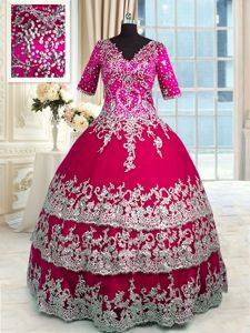 Red and Hot Pink 15 Quinceanera Dress Military Ball and Sweet 16 and Quinceanera and For with Beading and Appliques and Ruffled Layers V-neck Half Sleeves Zipper