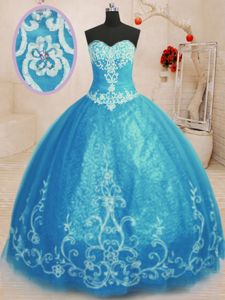Sleeveless Tulle Floor Length Lace Up Sweet 16 Dresses in Baby Blue for with Beading and Embroidery