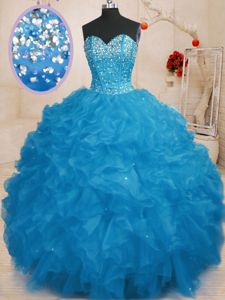 Blue Lace Up Sweet 16 Dresses Beading and Ruffles Sleeveless Floor Length