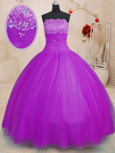 Purple Tulle Lace Up 15 Quinceanera Dress Sleeveless Floor Length Beading