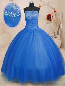 Blue Lace Up Quinceanera Gowns Beading Sleeveless Floor Length