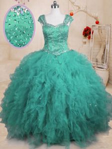 Low Price Square Cap Sleeves Tulle Quinceanera Gowns Beading and Ruffles Lace Up