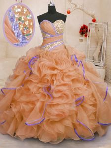 Flirting With Train Orange Vestidos de Quinceanera Sweetheart Sleeveless Brush Train Lace Up