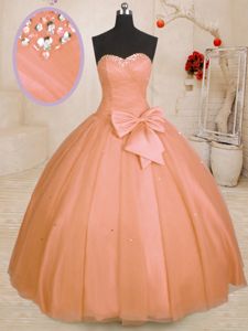 Tulle Sleeveless Floor Length 15 Quinceanera Dress and Beading and Bowknot