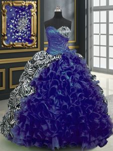 Fashion Blue Sleeveless Organza and Printed Lace Up Quinceanera Gowns for Military Ball and Sweet 16 and Quinceanera