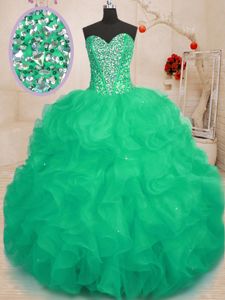 Green Sleeveless Organza Lace Up Quinceanera Dress for Military Ball and Sweet 16 and Quinceanera