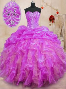 Dazzling Sweetheart Sleeveless Quinceanera Dress Floor Length Beading and Ruffles Fuchsia Organza