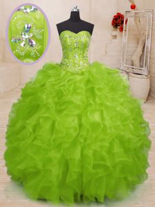 Edgy Ball Gowns Vestidos de Quinceanera Olive Green Strapless Organza Sleeveless Floor Length Lace Up