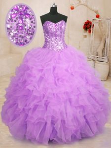 On Sale Ruffled With Train Ball Gowns Sleeveless Purple Quinceanera Dress Lace Up