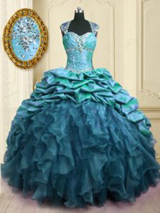Custom Design Sweetheart Sleeveless Organza and Printed Vestidos de Quinceanera Beading and Ruffles and Pattern Brush Train Lace Up