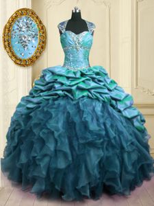 Modern Pick Ups Sweetheart Cap Sleeves Brush Train Lace Up Quinceanera Dress Teal Organza and Taffeta