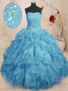 Fashionable Baby Blue Ball Gowns Sweetheart Sleeveless Organza Floor Length Lace Up Beading and Ruffles and Ruching 15th Birthday Dress