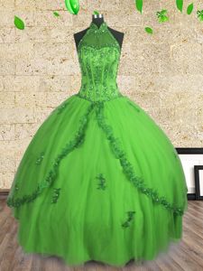 V-neck Half Sleeves Ball Gown Prom Dress Floor Length Appliques and Ruffled Layers Royal Blue Satin and Tulle
