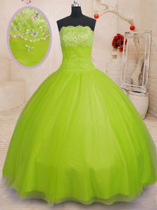 Top Selling Yellow Green Tulle Lace Up Quinceanera Dress Sleeveless Floor Length Beading