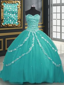 Charming Turquoise Ball Gowns Tulle Sweetheart Sleeveless Beading and Appliques With Train Lace Up Quinceanera Dresses Brush Train