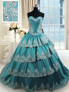 Smart Taffeta Sweetheart Sleeveless Lace Up Beading and Appliques and Ruffled Layers 15th Birthday Dress in Teal