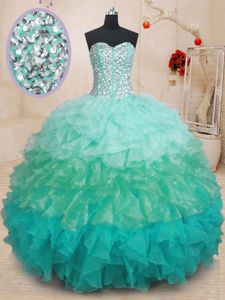 Vintage Sleeveless Floor Length Beading and Ruffles Lace Up Ball Gown Prom Dress with Multi-color