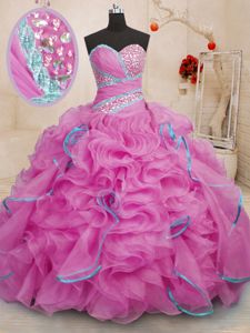 Hot Pink Lace Up Sweetheart Beading and Ruffles Vestidos de Quinceanera Organza Sleeveless