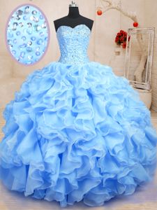 Fancy Blue Ball Gown Prom Dress Military Ball and Sweet 16 and Quinceanera and For with Beading and Ruffles Sweetheart Sleeveless Lace Up