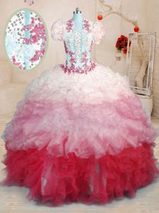 Multi-color Organza Lace Up Sweetheart Sleeveless With Train Quinceanera Gown Brush Train Beading and Appliques and Ruffles