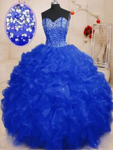 Fine Royal Blue Sweetheart Neckline Beading and Ruffles 15 Quinceanera Dress Sleeveless Lace Up