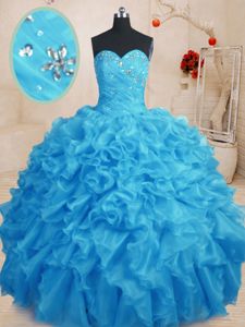 Lavender Organza Lace Up Sweetheart Sleeveless Floor Length Sweet 16 Quinceanera Dress Beading and Ruffles