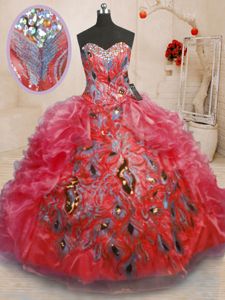 Designer Sleeveless Floor Length Beading and Appliques and Ruffles Zipper Quince Ball Gowns with Red