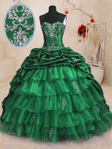 Dark Green Sweetheart Neckline Beading and Appliques and Ruffled Layers and Pick Ups Quinceanera Dress Sleeveless Lace Up