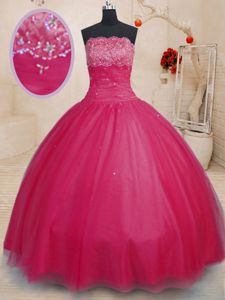 Custom Design Off the Shoulder Coral Red Tulle Lace Up Quinceanera Dresses Sleeveless Floor Length Beading