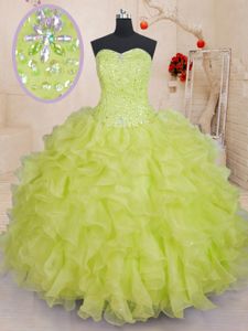 Most Popular Floor Length Light Yellow Quince Ball Gowns Organza Sleeveless Beading and Ruffles
