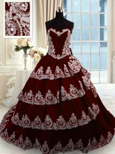 Cheap Wine Red Ball Gowns Sweetheart Sleeveless Taffeta With Train Court Train Lace Up Beading and Appliques and Ruffled Layers 15 Quinceanera Dress