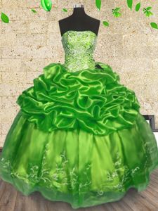 Cute Sleeveless Organza Floor Length Lace Up 15th Birthday Dress in for with Beading and Embroidery