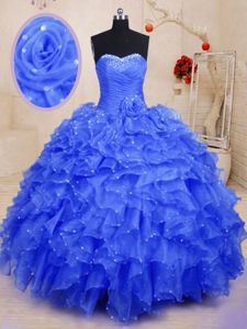 Blue Ball Gowns Beading and Ruffles and Hand Made Flower Quince Ball Gowns Lace Up Organza Sleeveless Floor Length
